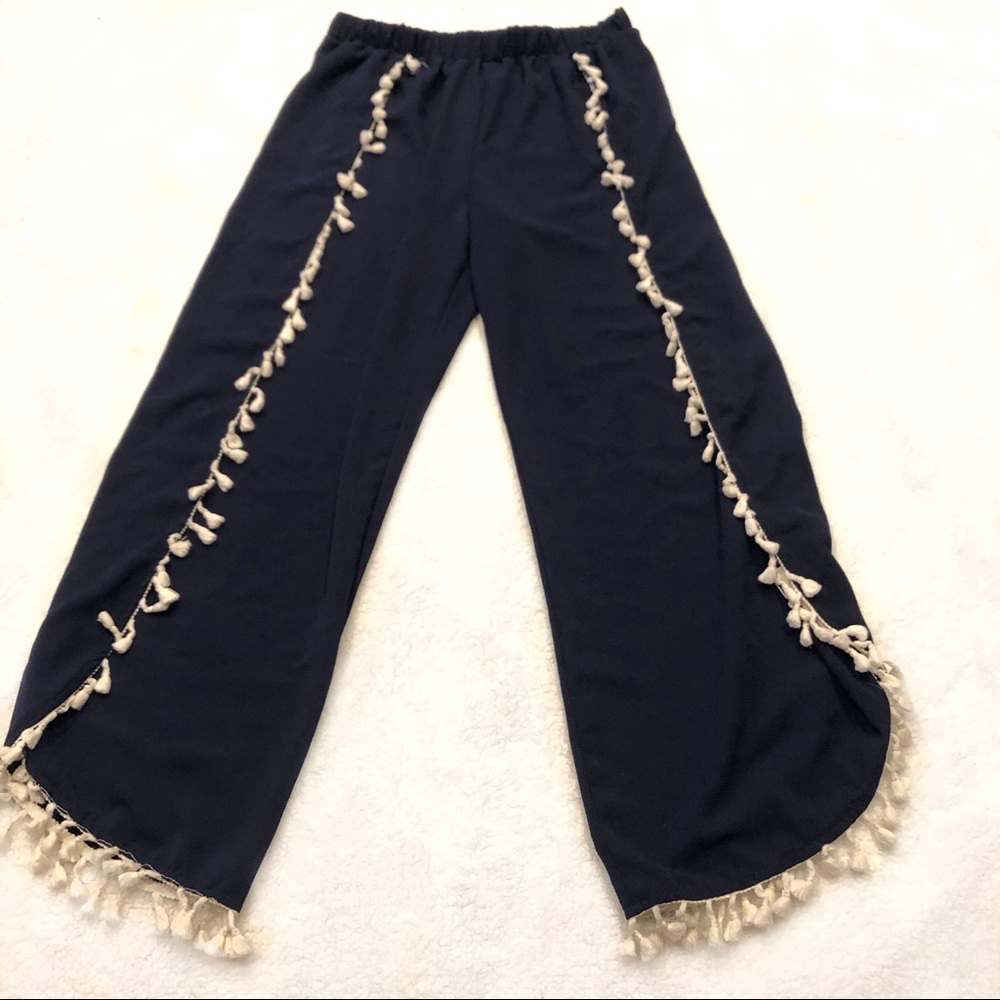 Green Envelope Navy Wide-Leg Pants with Cream Tassel Trim